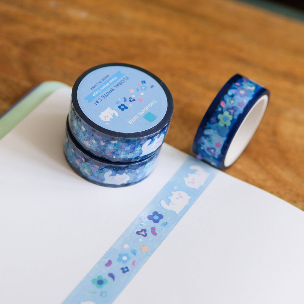 PET Tape (Transparent) Floral White Cat